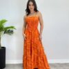 Vestido Longo sem Bojo com Lastex Estampado Laranja - Fernanda Ramos Store