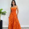 Vestido Longo sem Bojo com Lastex Estampado Laranja - Fernanda Ramos Store