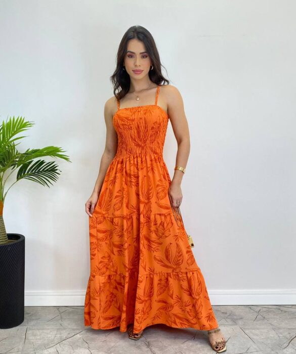 Vestido Longo sem Bojo com Lastex Estampado Laranja - Fernanda Ramos Store