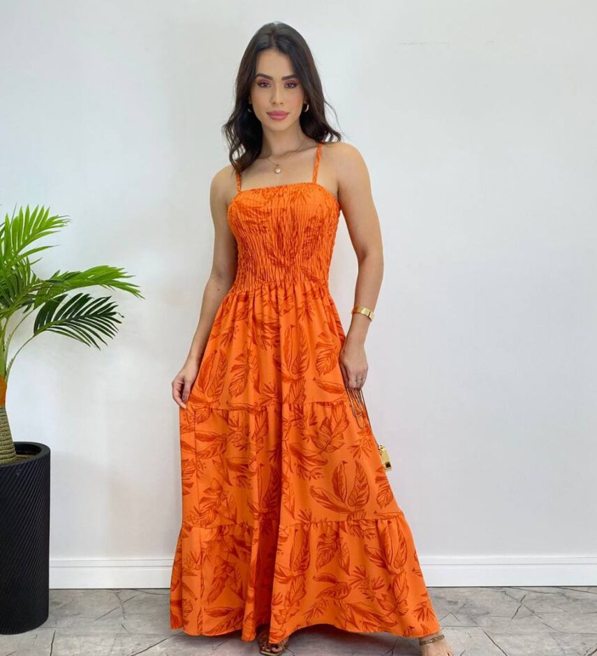 Vestido Longo sem Bojo com Lastex Estampado Laranja - Fernanda Ramos Store