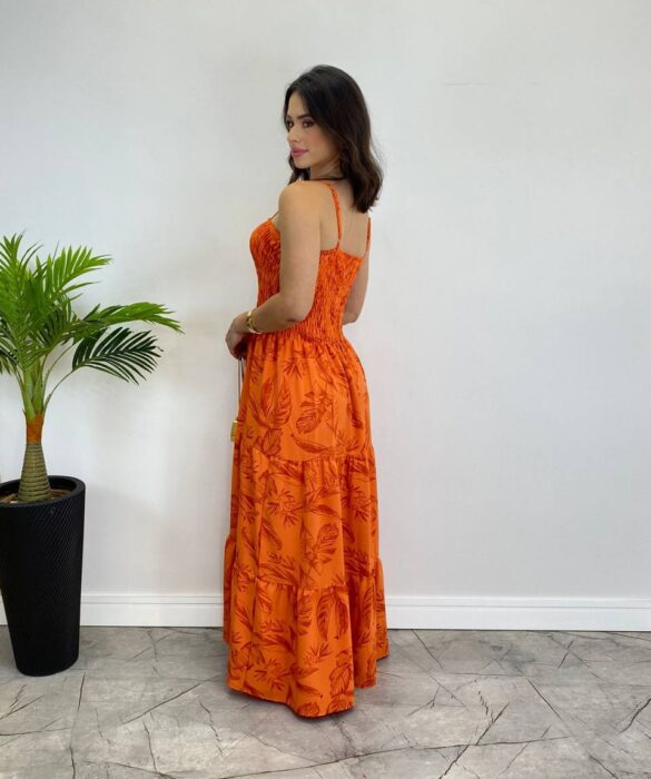 Vestido Longo sem Bojo com Lastex Estampado Laranja - Fernanda Ramos Store