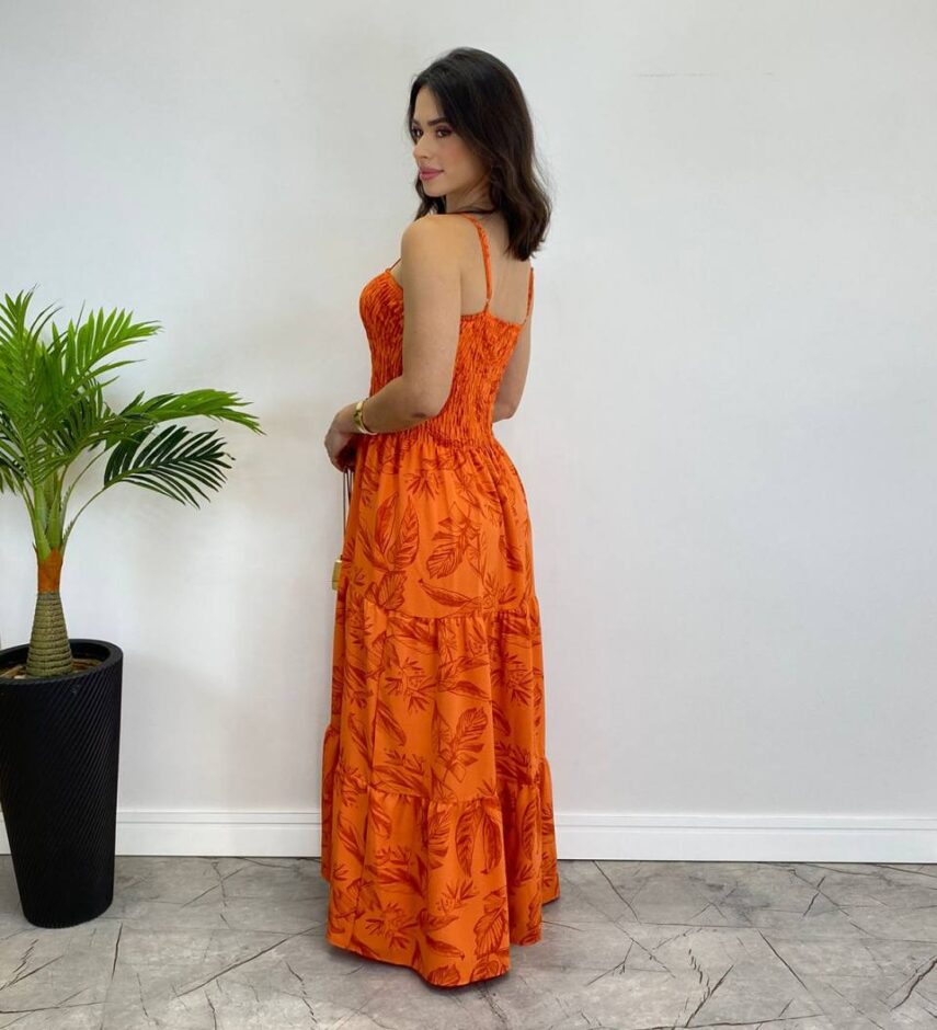 Vestido Longo sem Bojo com Lastex Estampado Laranja - Fernanda Ramos Store