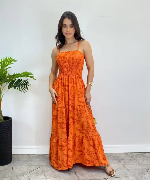 Vestido Longo sem Bojo com Lastex Estampado Laranja - Fernanda Ramos Store