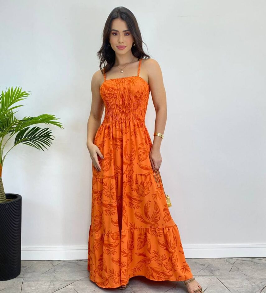 Vestido Longo sem Bojo com Lastex Estampado Laranja - Fernanda Ramos Store
