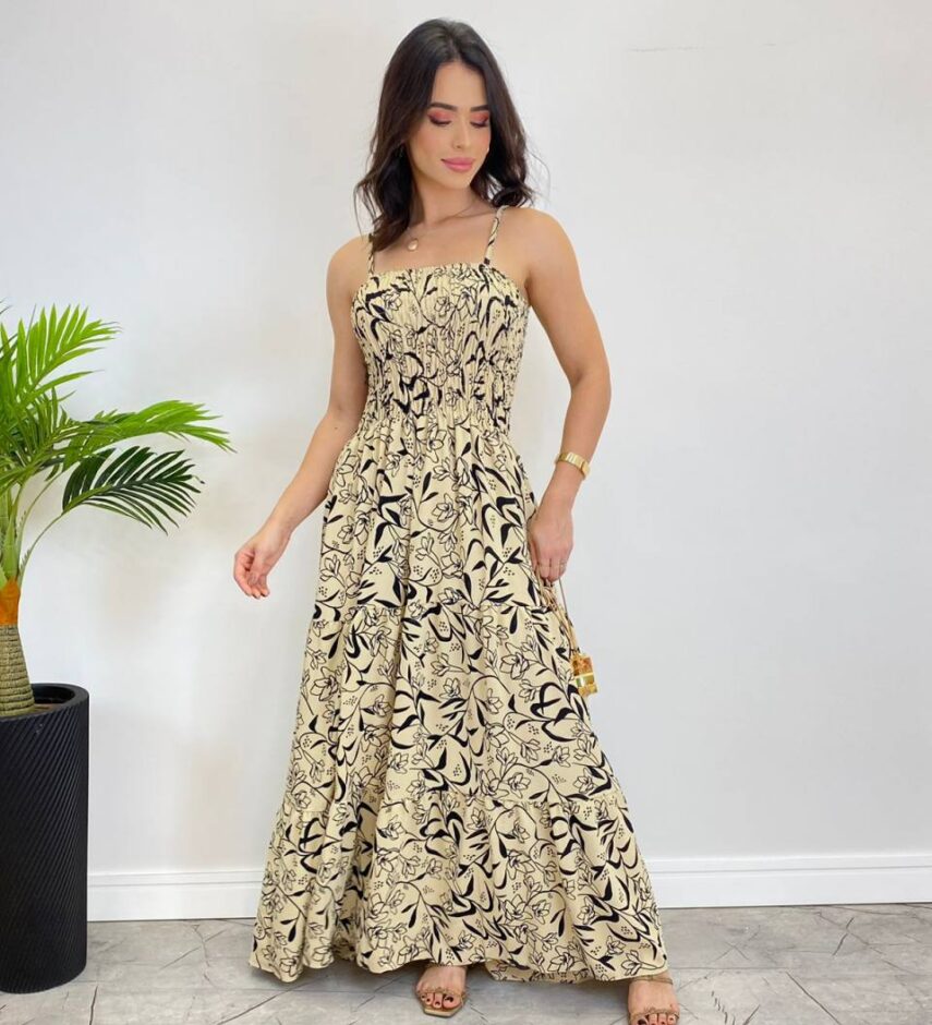 Vestido Longo sem Bojo com Lastex Estampado Nude - Fernanda Ramos Store