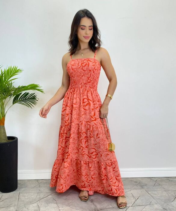 Vestido Longo sem Bojo com Lastex Estampado Rosa - Fernanda Ramos Store