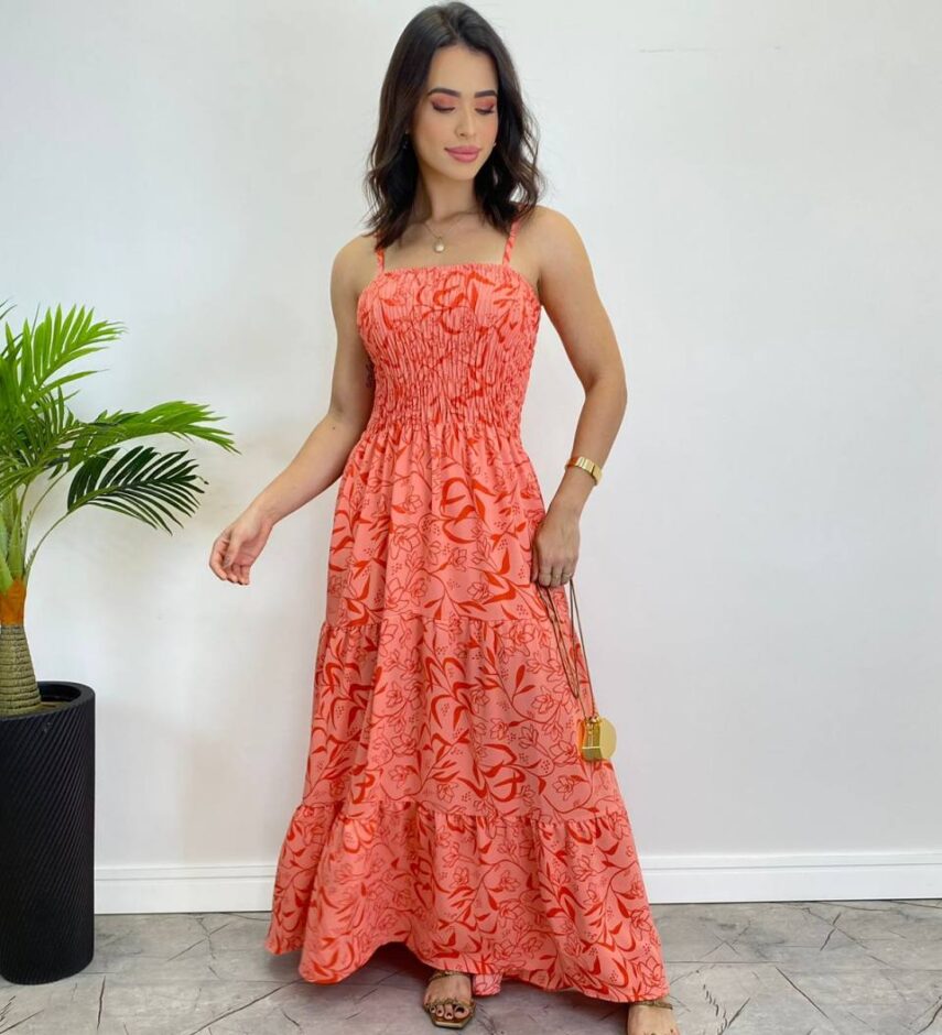 Vestido Longo sem Bojo com Lastex Estampado Rosa - Fernanda Ramos Store