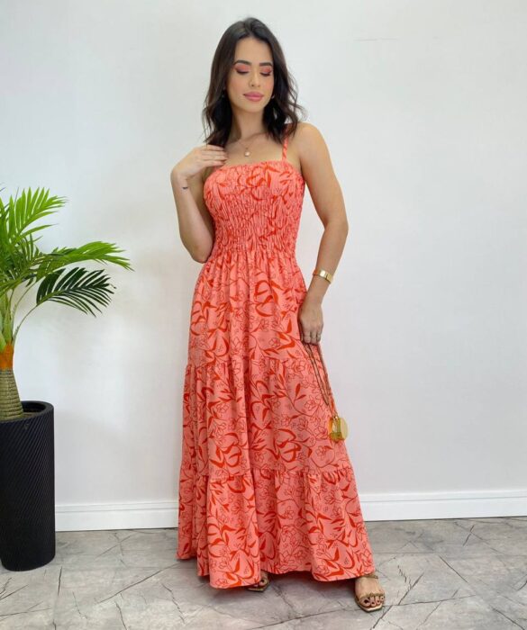 Vestido Longo sem Bojo com Lastex Estampado Rosa - Fernanda Ramos Store