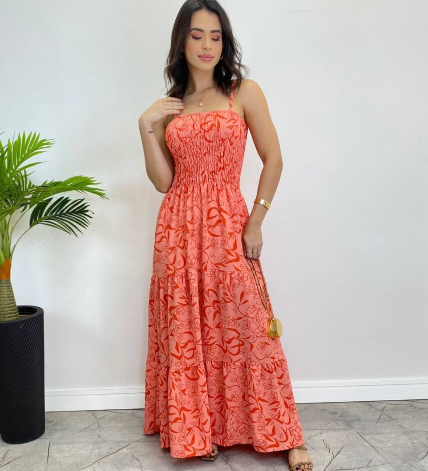 Vestido Longo sem Bojo com Lastex Estampado Rosa - Fernanda Ramos Store