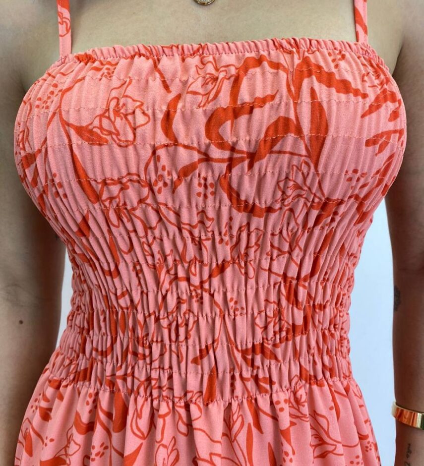 Vestido Longo sem Bojo com Lastex Estampado Rosa - Fernanda Ramos Store