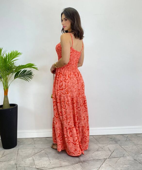 Vestido Longo sem Bojo com Lastex Estampado Rosa - Fernanda Ramos Store