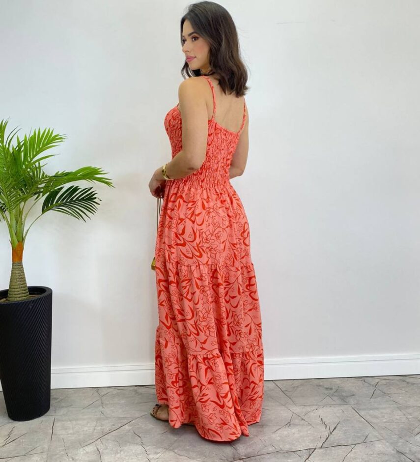 Vestido Longo sem Bojo com Lastex Estampado Rosa - Fernanda Ramos Store