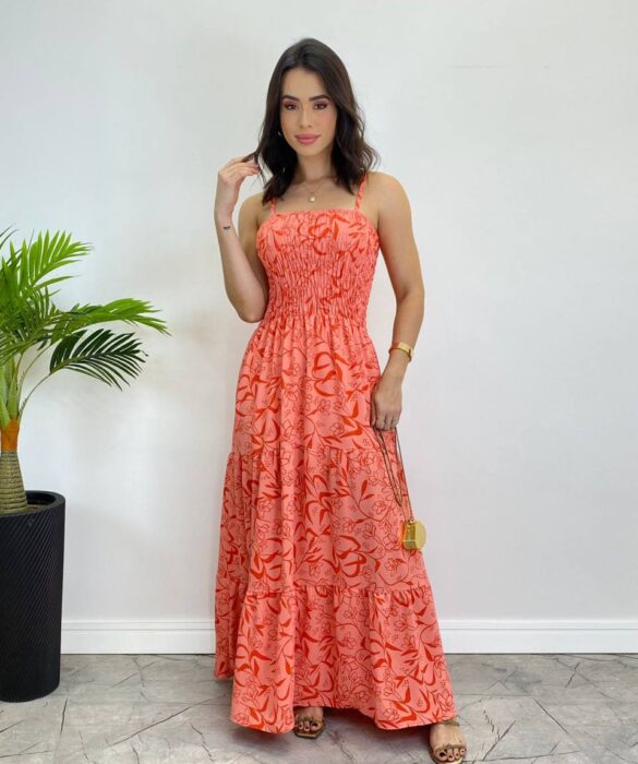 Vestido Longo sem Bojo com Lastex Estampado Rosa - Fernanda Ramos Store