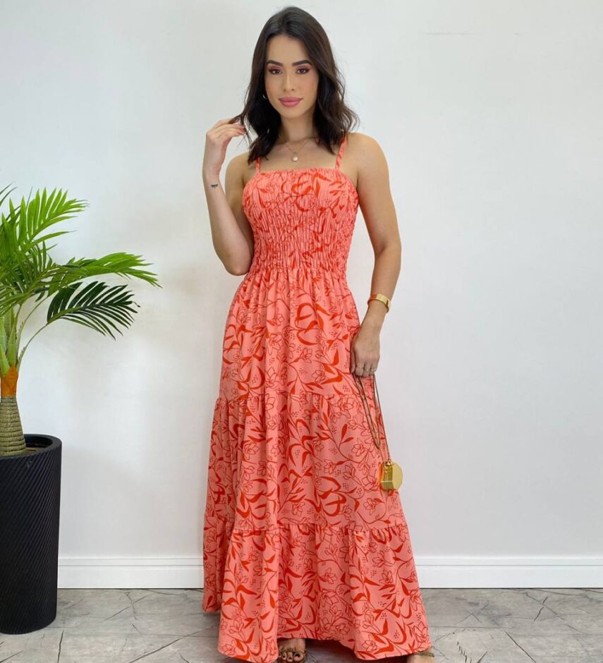 Vestido Longo sem Bojo com Lastex Estampado Rosa - Fernanda Ramos Store