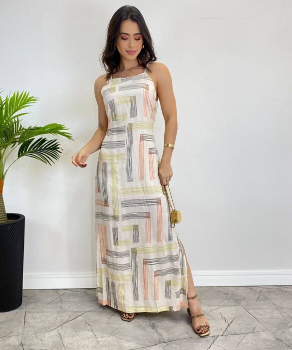 Vestido Longo Viscolinho sem Bojo Estampado Fundo Off White - Fernanda Ramos Store