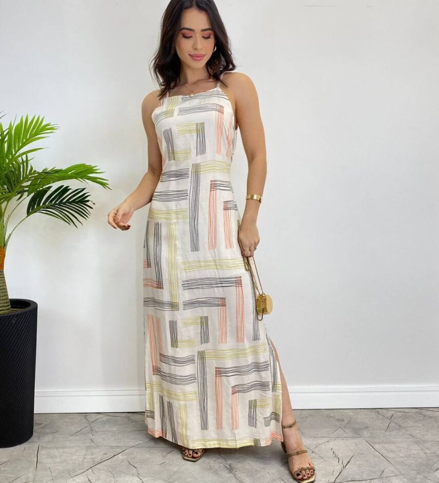 Vestido Longo Viscolinho sem Bojo Estampado Fundo Off White - Fernanda Ramos Store