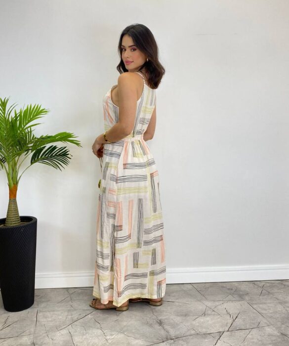 Vestido Longo Viscolinho sem Bojo Estampado Fundo Off White - Fernanda Ramos Store