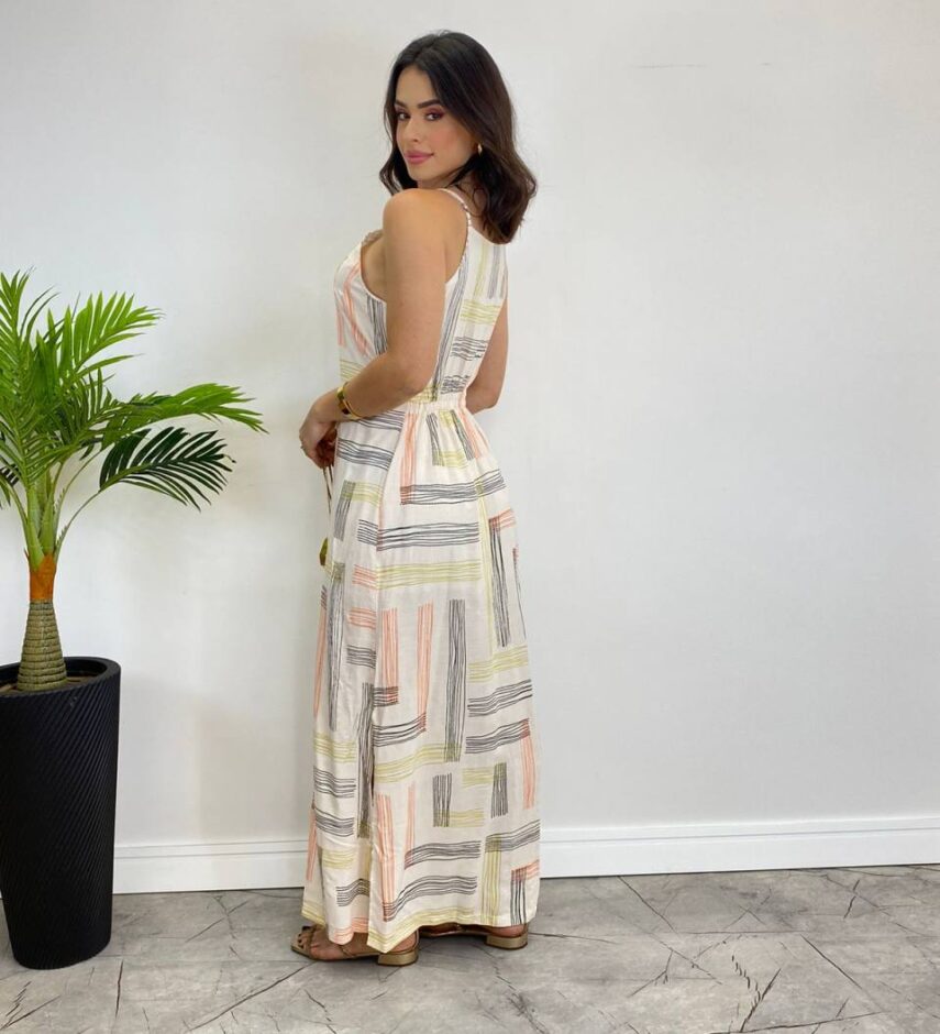 Vestido Longo Viscolinho sem Bojo Estampado Fundo Off White - Fernanda Ramos Store