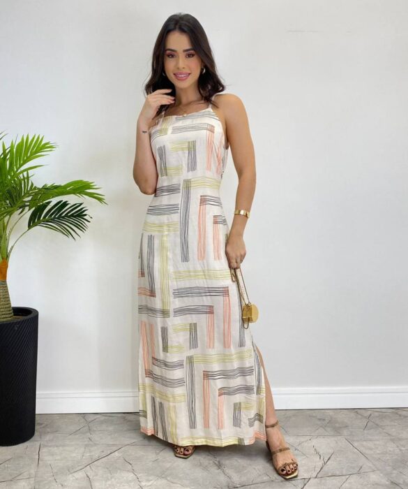 Vestido Longo Viscolinho sem Bojo Estampado Fundo Off White - Fernanda Ramos Store