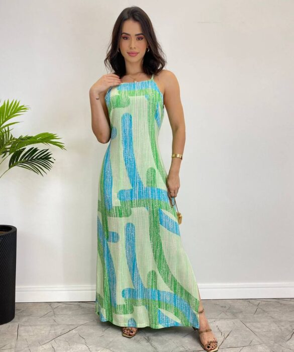 Vestido Longo Viscolinho sem Bojo Estampado Fundo Verde - Fernanda Ramos Store