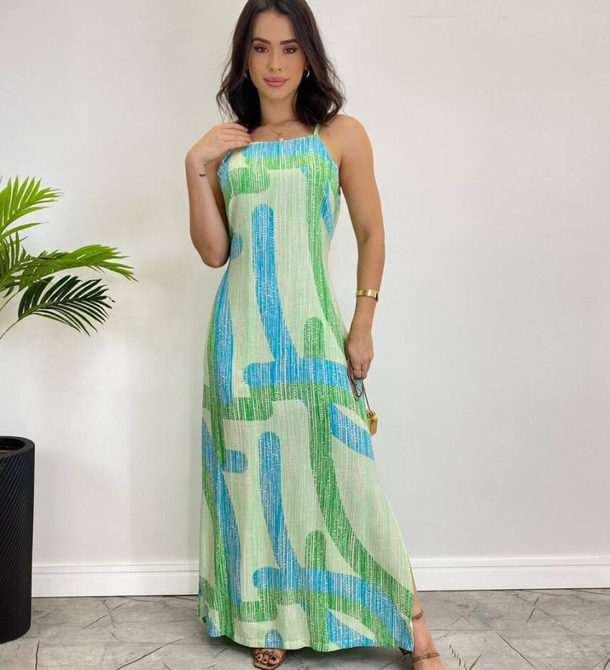 Vestido Longo Viscolinho sem Bojo Estampado Fundo Verde - Fernanda Ramos Store
