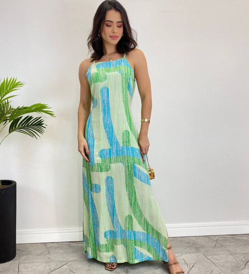 Vestido Longo Viscolinho sem Bojo Estampado Fundo Verde - Fernanda Ramos Store