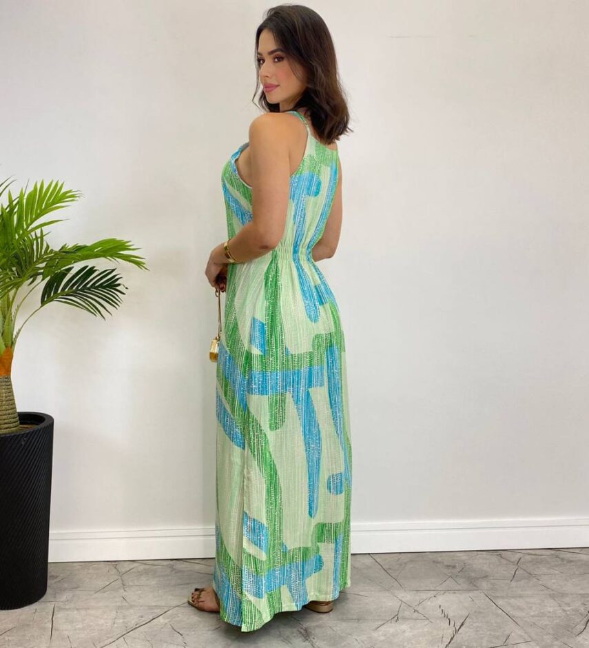 Vestido Longo Viscolinho sem Bojo Estampado Fundo Verde - Fernanda Ramos Store