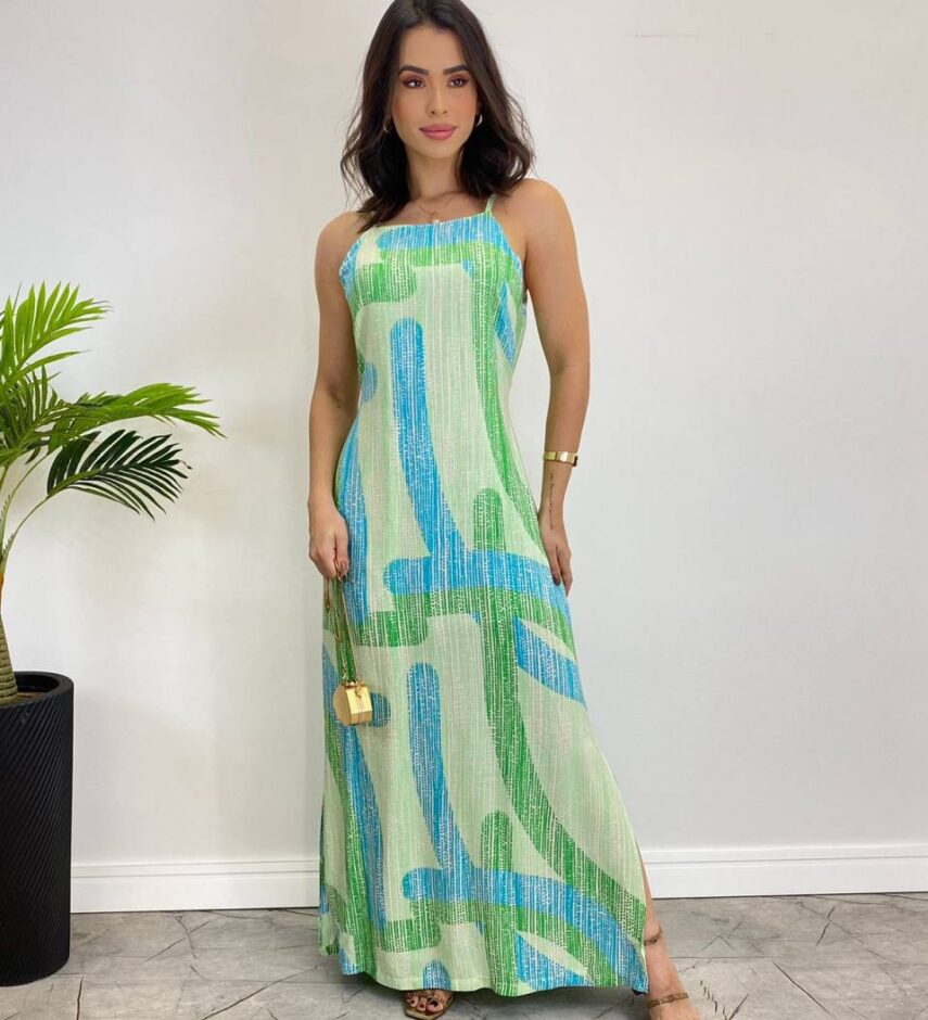 Vestido Longo Viscolinho sem Bojo Estampado Fundo Verde - Fernanda Ramos Store
