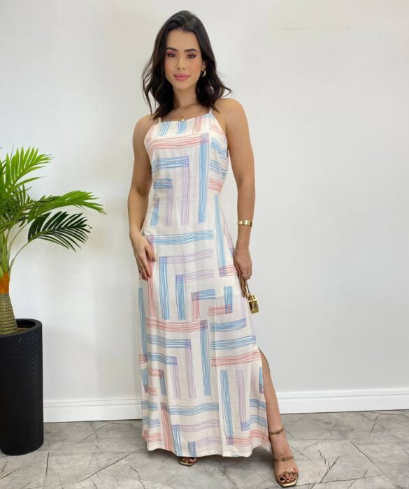 Vestido Longo Viscolinho sem Bojo Listrado Fundo Off White - Fernanda Ramos Store