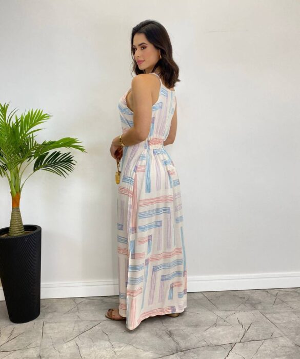 Vestido Longo Viscolinho sem Bojo Listrado Fundo Off White - Fernanda Ramos Store