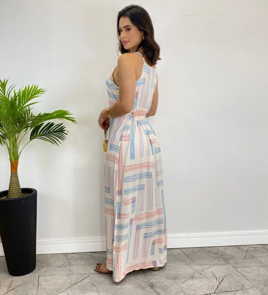 Vestido Longo Viscolinho sem Bojo Listrado Fundo Off White - Fernanda Ramos Store