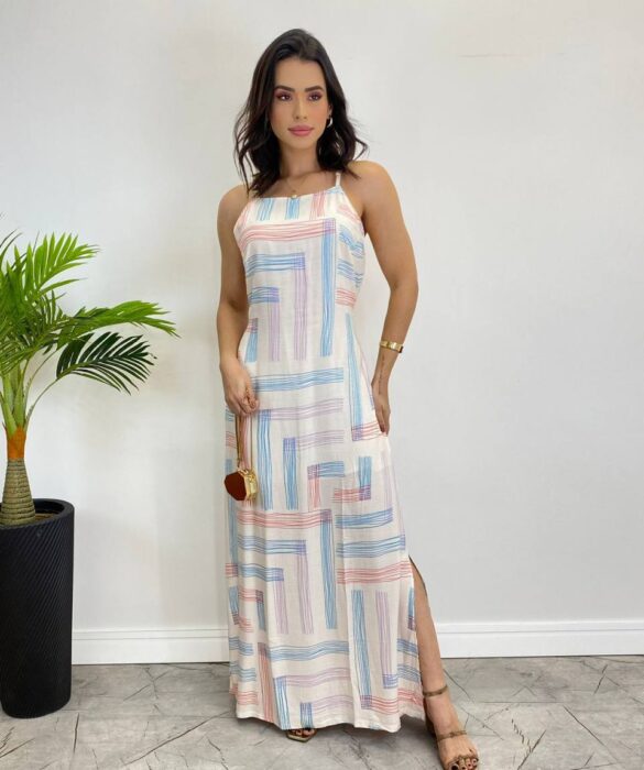 Vestido Longo Viscolinho sem Bojo Listrado Fundo Off White - Fernanda Ramos Store