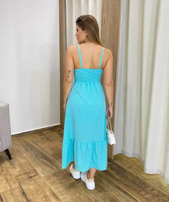 Vestido Longuete com Bojo e Botões Alça Regulável Poá Azul - Fernanda Ramos Store