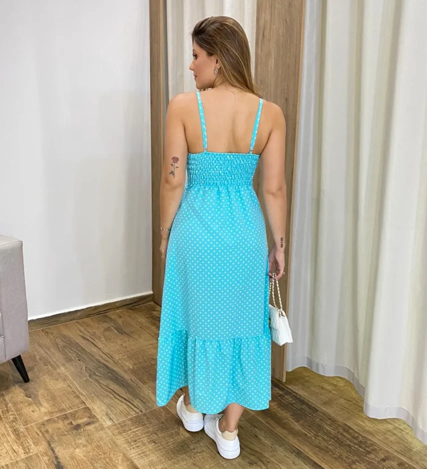 Vestido Longuete com Bojo e Botões Alça Regulável Poá Azul - Fernanda Ramos Store