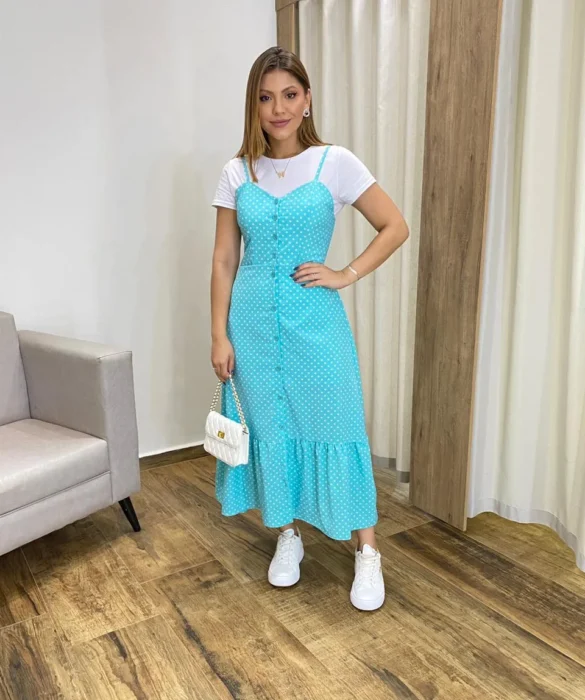 Vestido Longuete com Bojo e Botões Alça Regulável Poá Azul - Fernanda Ramos Store