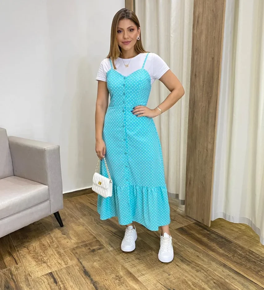 Vestido Longuete com Bojo e Botões Alça Regulável Poá Azul - Fernanda Ramos Store