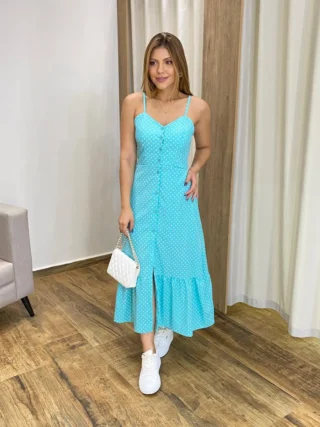 Vestido Longuete com Bojo e Botões Alça Regulável Poá Azul - Fernanda Ramos Store