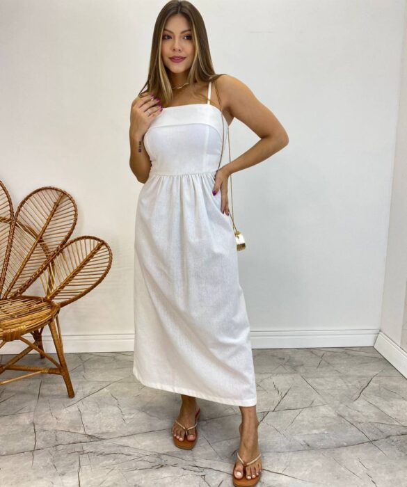 Vestido Midi Ana Júlia de Linho com Amarração Atrás Off White - Fernanda Ramos Store