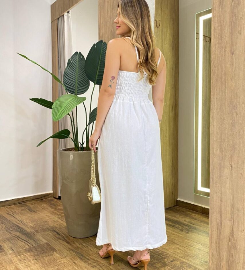 Vestido Midi Ana Júlia de Linho com Amarração Atrás Off White - Fernanda Ramos Store