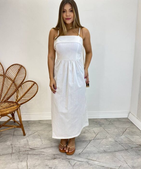 Vestido Midi Ana Júlia de Linho com Amarração Atrás Off White - Fernanda Ramos Store