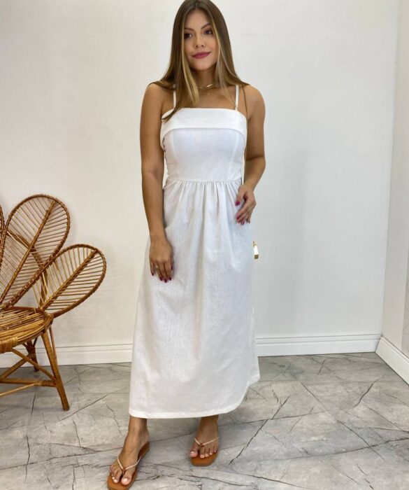 Vestido Midi Ana Júlia de Linho com Amarração Atrás Off White - Fernanda Ramos Store