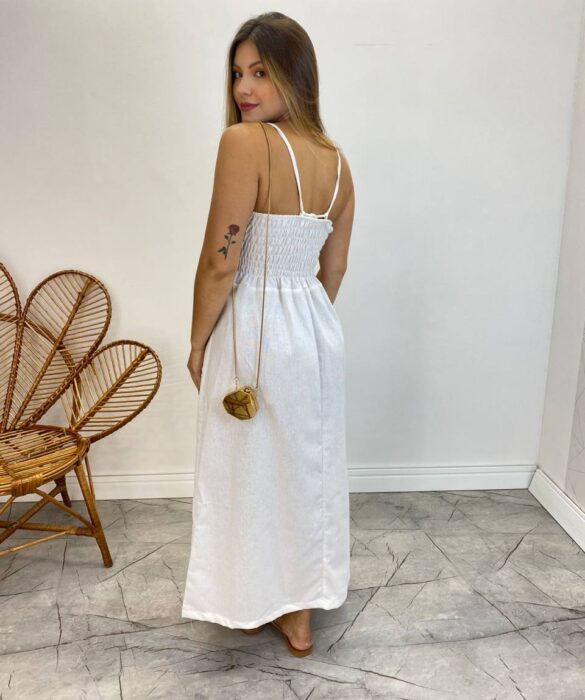 Vestido Midi Ana Júlia de Linho com Amarração Atrás Off White - Fernanda Ramos Store