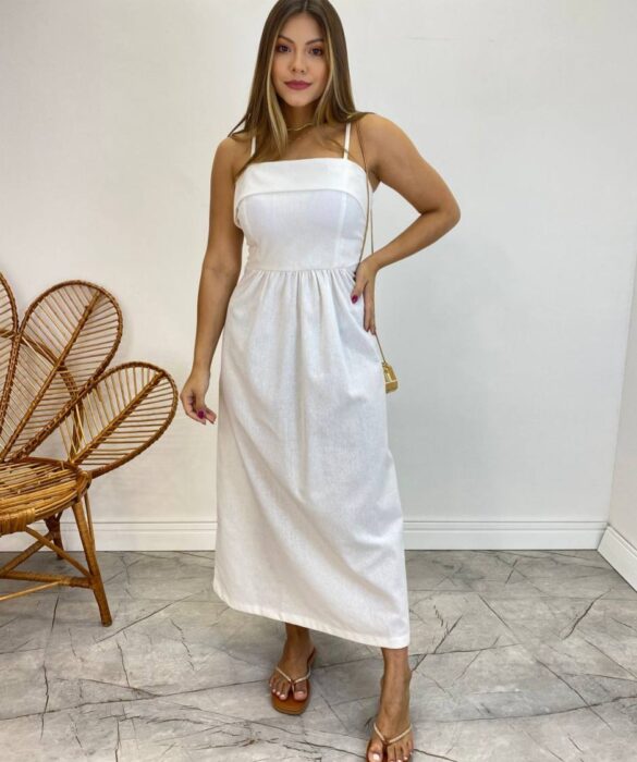 Vestido Midi Ana Júlia de Linho com Amarração Atrás Off White - Fernanda Ramos Store