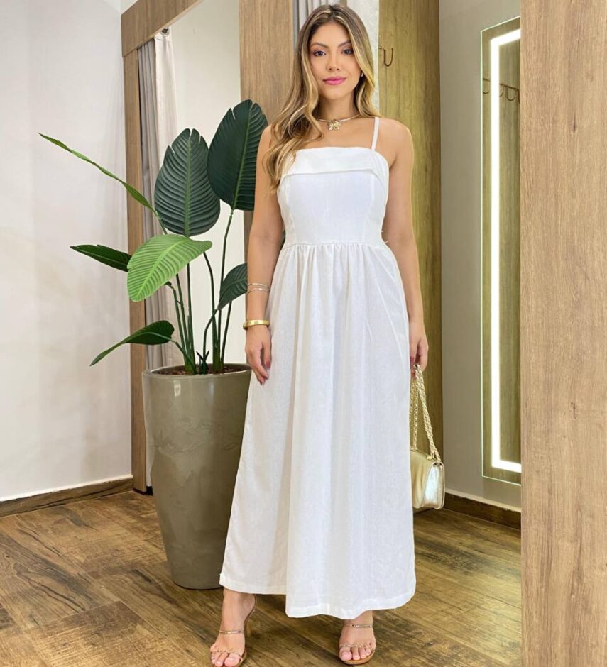 Vestido Midi Ana Júlia de Linho com Amarração Atrás Off White - Fernanda Ramos Store