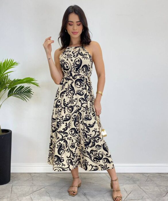 Vestido Midi Bianca sem Bojo com Amarração Estampado - Fernanda Ramos Store