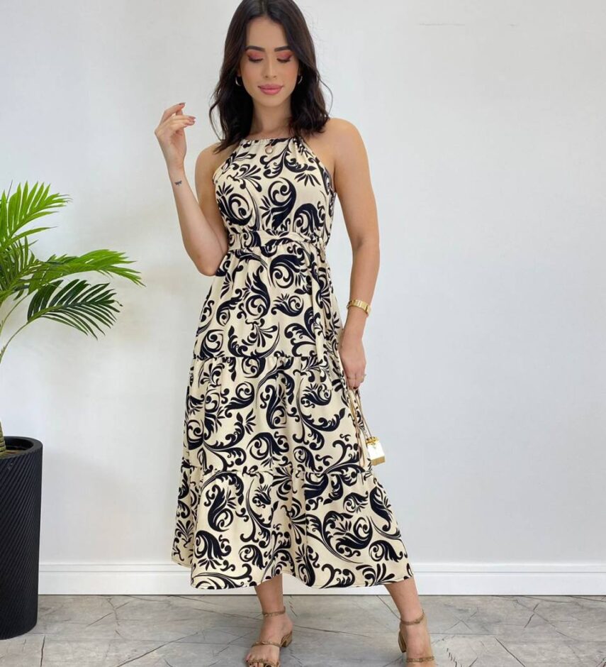 Vestido Midi Bianca sem Bojo com Amarração Estampado - Fernanda Ramos Store
