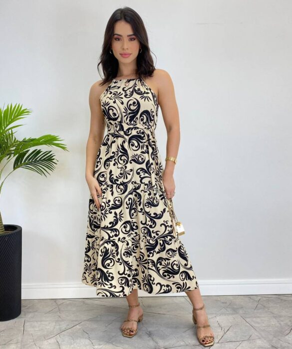 Vestido Midi Bianca sem Bojo com Amarração Estampado - Fernanda Ramos Store