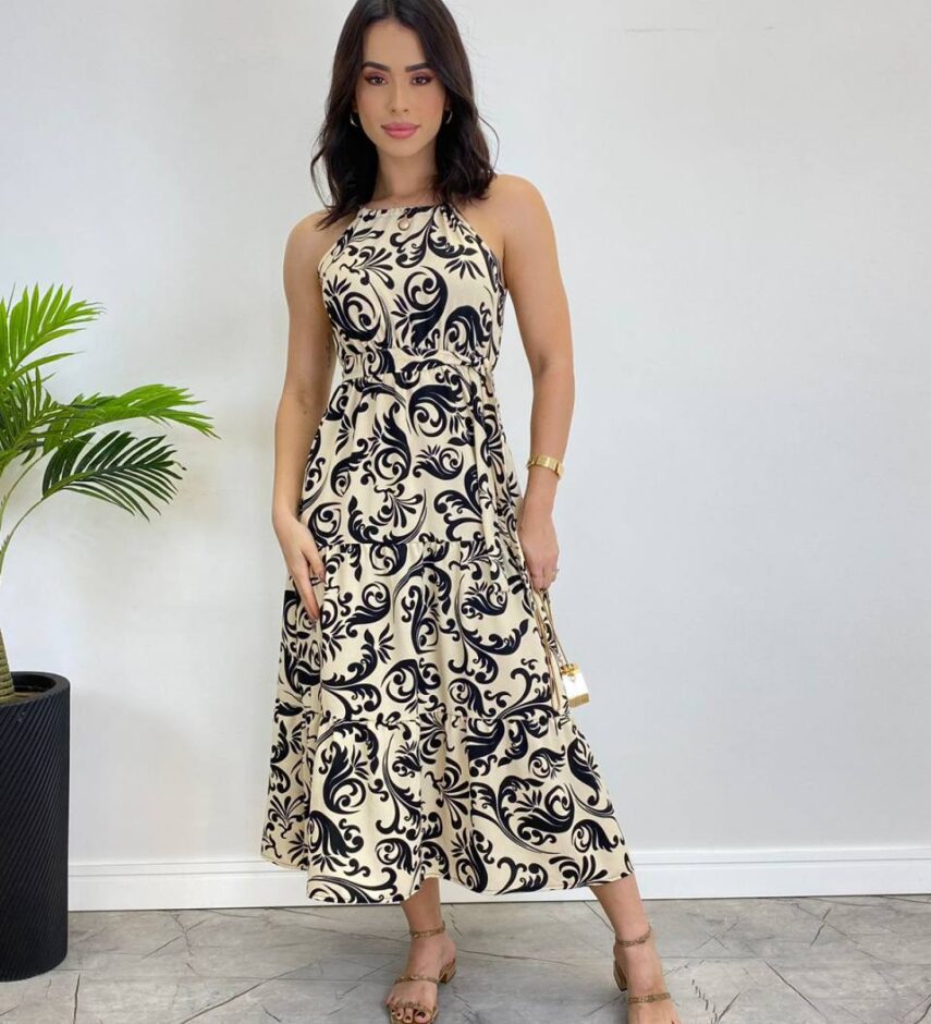 Vestido Midi Bianca sem Bojo com Amarração Estampado - Fernanda Ramos Store