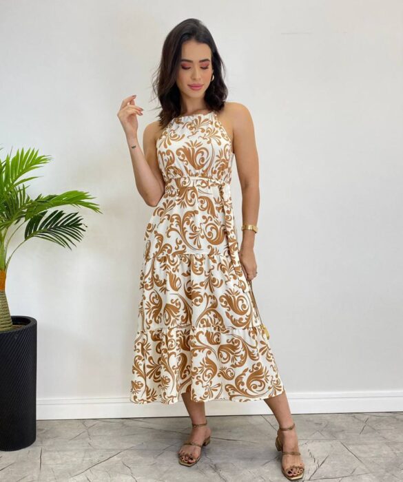 Vestido Midi Bianca sem Bojo com Amarração Estampado de Bege - Fernanda Ramos Store