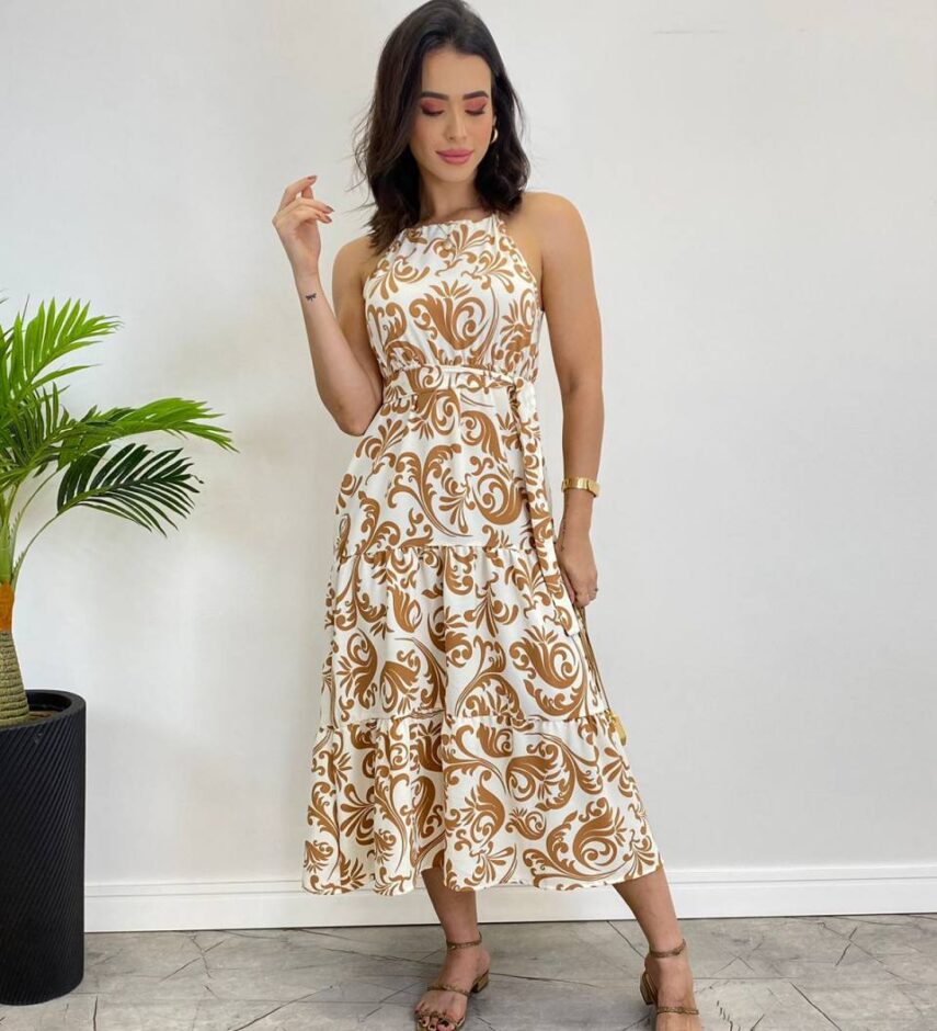 Vestido Midi Bianca sem Bojo com Amarração Estampado de Bege - Fernanda Ramos Store
